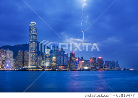 Thunderstorm HongKong cityscape at night , Hong 65819477