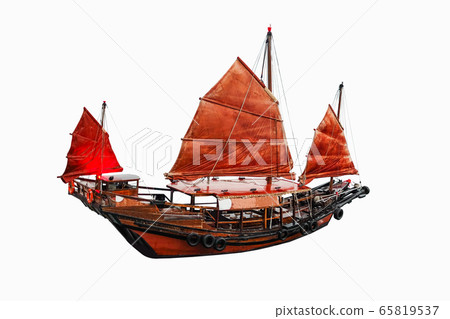 Sailboat red flag in Hong Kong on white background 65819537