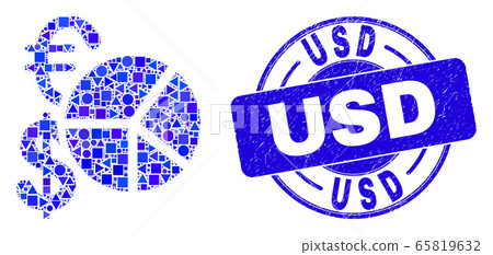 Blue Distress USD Seal and Currency Pie Chart Mosaic 65819632
