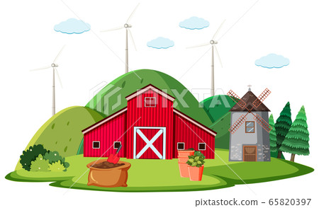 Farm scene with red barn and windmill Farm scene with red barn and windmill 65820397