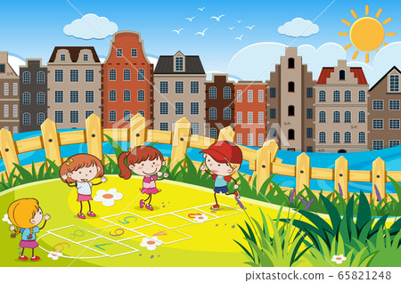 Scene with many children playing in the park - Stock Illustration ...