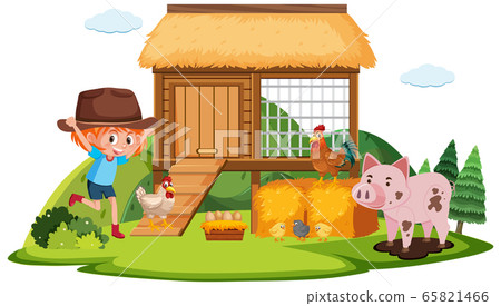 Farm scene with girl and many chickens on the farm 65821466