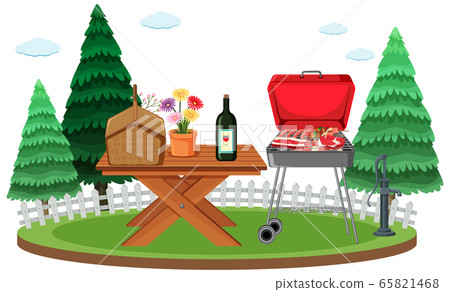 Picnic scene with food on the table and BBQ grill 65821468