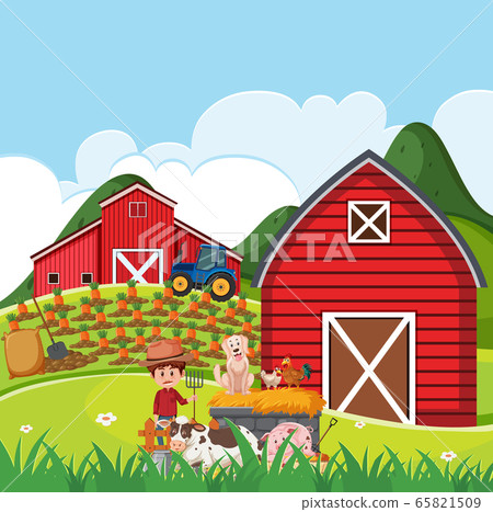 Farm scene with farmer and many animals on the - Stock Illustration ...