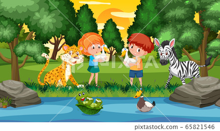 Scene with happy kids and animals in the park 65821546