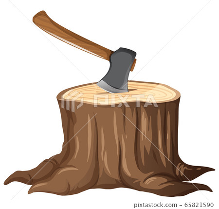 Sharp axe on stump tree 65821590