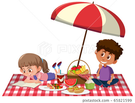 Two children having picnic on white background Two children having picnic on white background 65821599