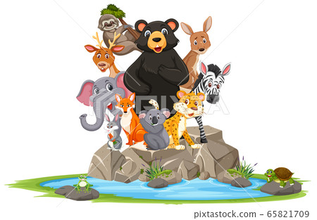 Wild animals standing on stone cartoon character - Stock Illustration  [65821709] - PIXTA