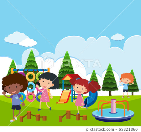 Scene with many kids playing in the park - Stock Illustration [65821860 ...