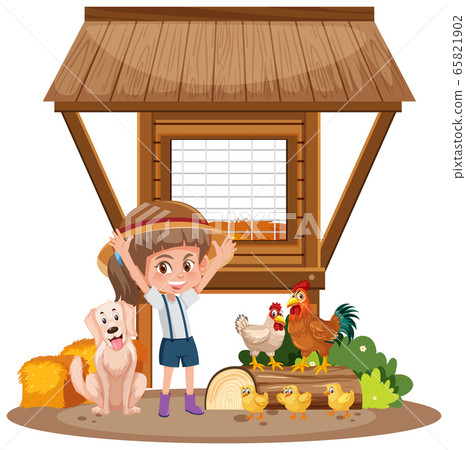 Little girl and chicken coop on white background 65821902