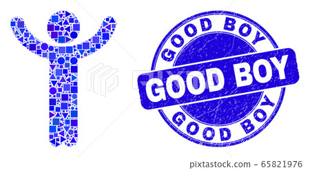 Blue Distress Good Boy Stamp and Hands up Person Mosaic 65821976
