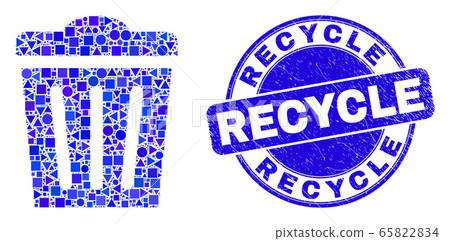 Blue Scratched Recycle Stamp and Trashcan Mosaic 65822834