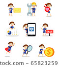 Set character of woman for avoiding shark attacks when swimming on the beach. 65823259