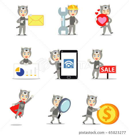 Set character of man in a raccoon suit with cheerful face. Set character of man in a raccoon suit with cheerful face. 65823277