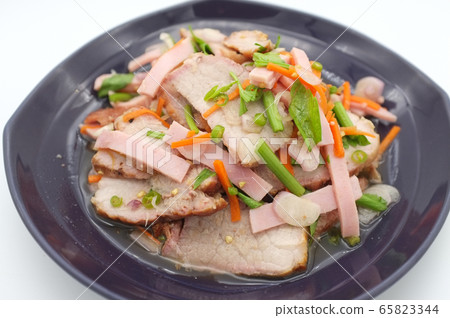 Spicy salad of roasted pork on white background , Spicy salad of roasted pork on white background , 65823344