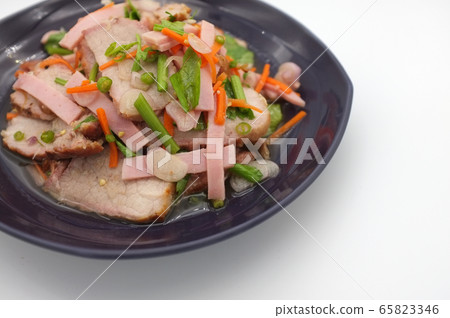 Spicy salad of roasted pork on white background , Spicy salad of roasted pork on white background , 65823346