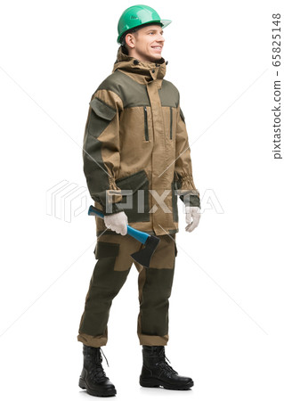 Male in workwear and cap isolated vew Male in workwear and cap isolated vew 65825148