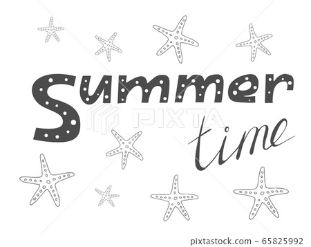 Hand drawn black text Summer time with starfish. Summer holiday vector illustration on a white background Hand drawn black text Summer time with starfish. Summer holiday vector illustration on a white background 65825992