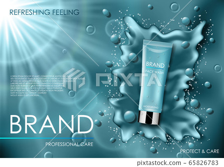 Realistic face cosmetic moisture serum ads. Cosmetic cleansing product with splash background with drops. Skincare Facial Cream For your design. 3d Vector illustration 65826783