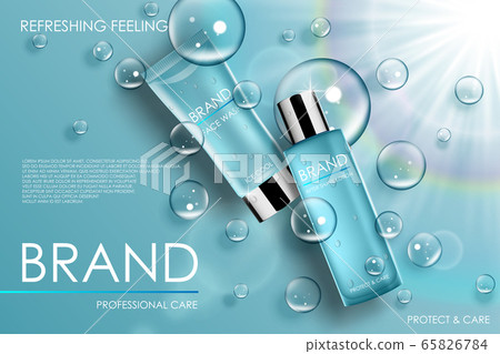 Moisture cosmetic tubes banner ads. Skin care cosmetic product bottles with soap bubbles. Lotion, perfume packing with waterdrop effect design. Realistic 3d vector illustration Moisture cosmetic tubes banner ads. Skin care cosmetic product bottles with soap bubbles. Lotion, perfume packing with waterdrop effect design. Realistic 3d vector illustration 65826784