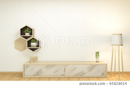 wooden cabinet tv with wooden hexagon tiles on 65828014