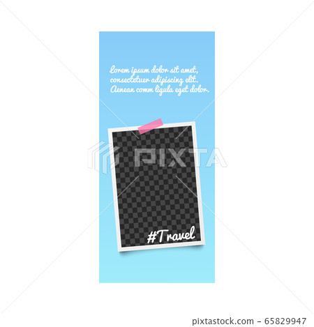 Travel photo frame template with blue background, text and white retro border 65829947