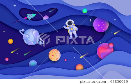 Paper cut out galaxy banner with cartoon... - Stock Illustration ...