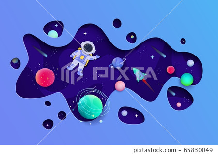 Blue space banner with 3D liquid fluid shape cut out and planet and star shapes Blue space banner with 3D liquid fluid shape cut out and planet and star shapes 65830049