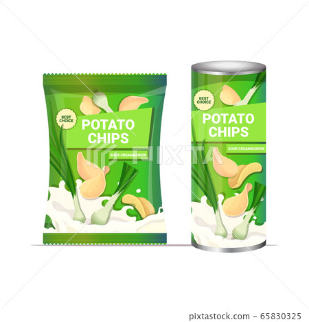 potato chips with onion flavor crisps natural potatoes and packaging advertising design template 65830325