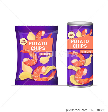 potato chips with shrimps flavor crisps natural potatoes and packaging advertising design template 65830390