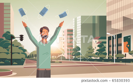 man throwing medical masks coronavirus win defeated covid-19 guy celebrating victory over nCoV 65830393