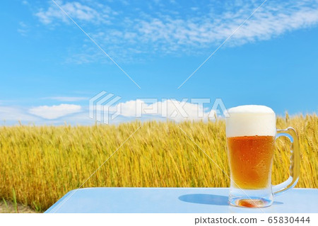 Hokkaido summer blue sky, wheat fields and draft beer 65830444