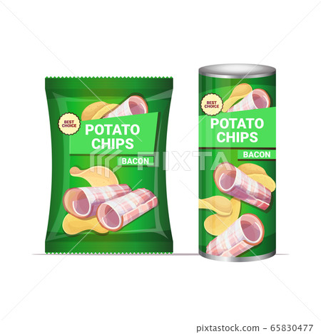 potato chips with bacon flavor crisps natural potatoes and packaging advertising design template 65830477