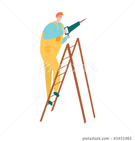 Construction worken in overalls drilling hole with rotary drill standing on ladder Construction worken in overalls drilling hole with rotary drill standing on ladder 65831065