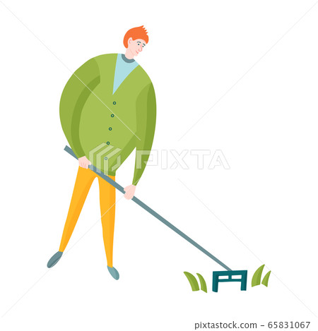 Maintenance worker mowing grass with hand mower Maintenance worker mowing grass with hand mower 65831067