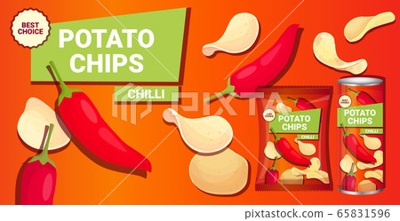 potato chips with chilli flavor advertising composition of crisps natural potatoes and packaging 65831596