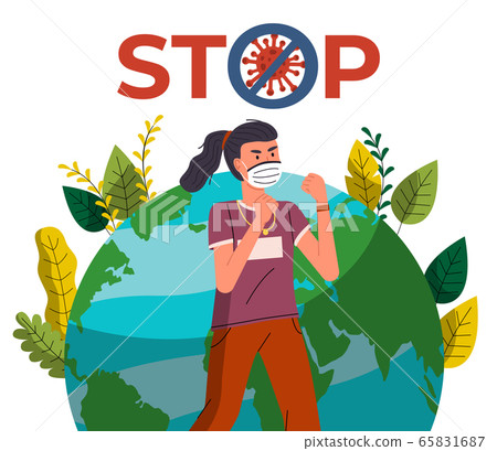 Young girl in face medical mask call to fight with world epidemic, rossed sign, stop spreading virus Young girl in face medical mask call to fight with world epidemic, rossed sign, stop spreading virus 65831687