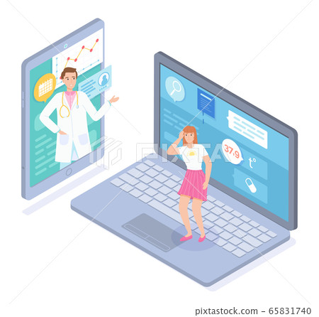 Isometric illustration online cosultation with doctor through laptop and mobile app, online medicine 65831740