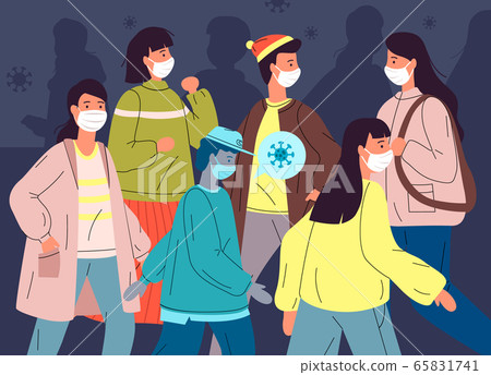 Infected virus people spread bacteria in a crowd in public place, non-compliance with quarantine 65831741