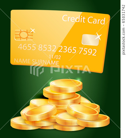 Golden Bank Credit Card, Stack of Coins Vector 65831742
