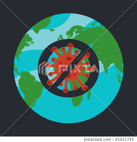 Cartoon illustration with crossed out sign of virus at earth background, stop spreading covid19 65831743