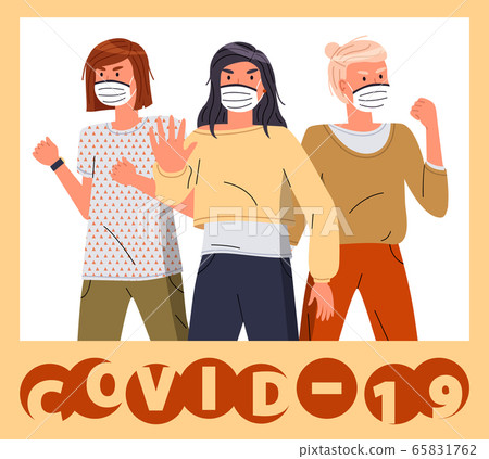Group of women show stop gesture to covid-19, wearing respiratory masks, world virus pandemic 65831762