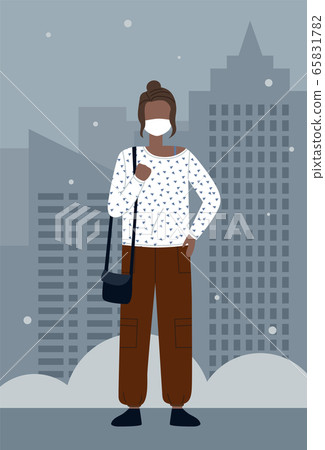 Vector portrait of young black afro woman wearing face medical mask standing at city background Vector portrait of young black afro woman wearing face medical mask standing at city background 65831782