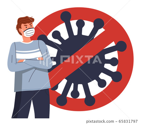 Young guy in face medical mask at the background of huge crossed out sign with virus, stop epidemy 65831797