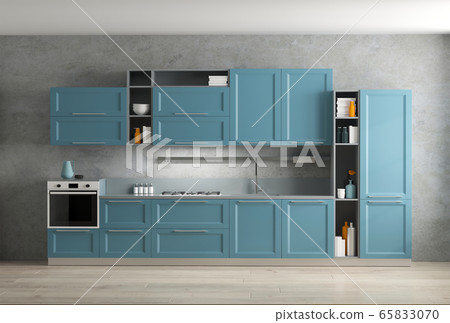 3d rendering of blue kitchen cabinet interior 3d rendering of blue kitchen cabinet interior 65833070
