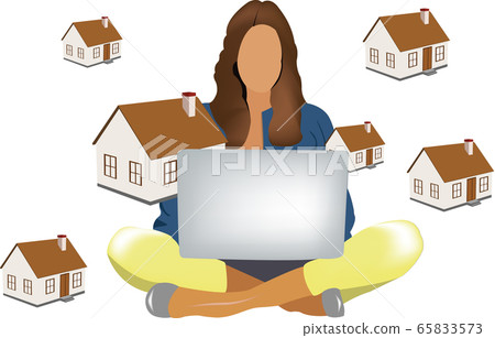 girl sitting with the computer looks houses girl sitting with the computer looks houses 65833573