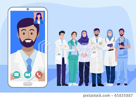 Digital health concept, Illustration of doctors and nurse using a smart phone for consulting patient online, Vector 65835887