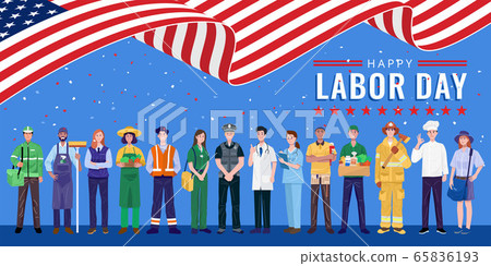 Happy Labor Day. Various occupations people standing with American flag. Vector Happy Labor Day. Various occupations people standing with American flag. Vector 65836193