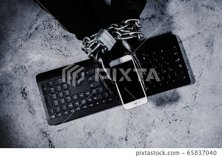 Cyber protection and security concept. Internet hacked computer server, database, network storage, firewall, social network account. 223 65837040