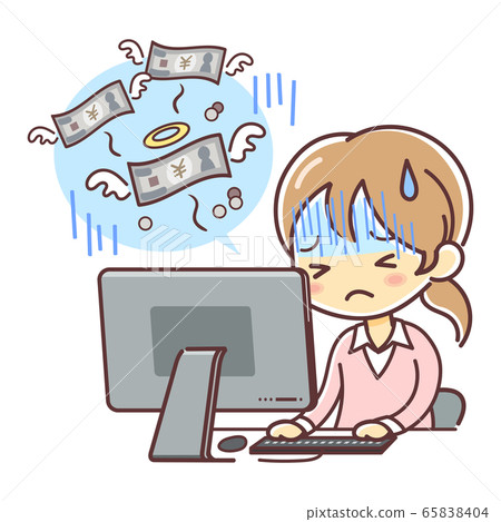 Illustration of a sad woman who confirms that she has lost money on a computer (money flies away) Illustration of a sad woman who confirms that she has lost money on a computer (money flies away) 65838404